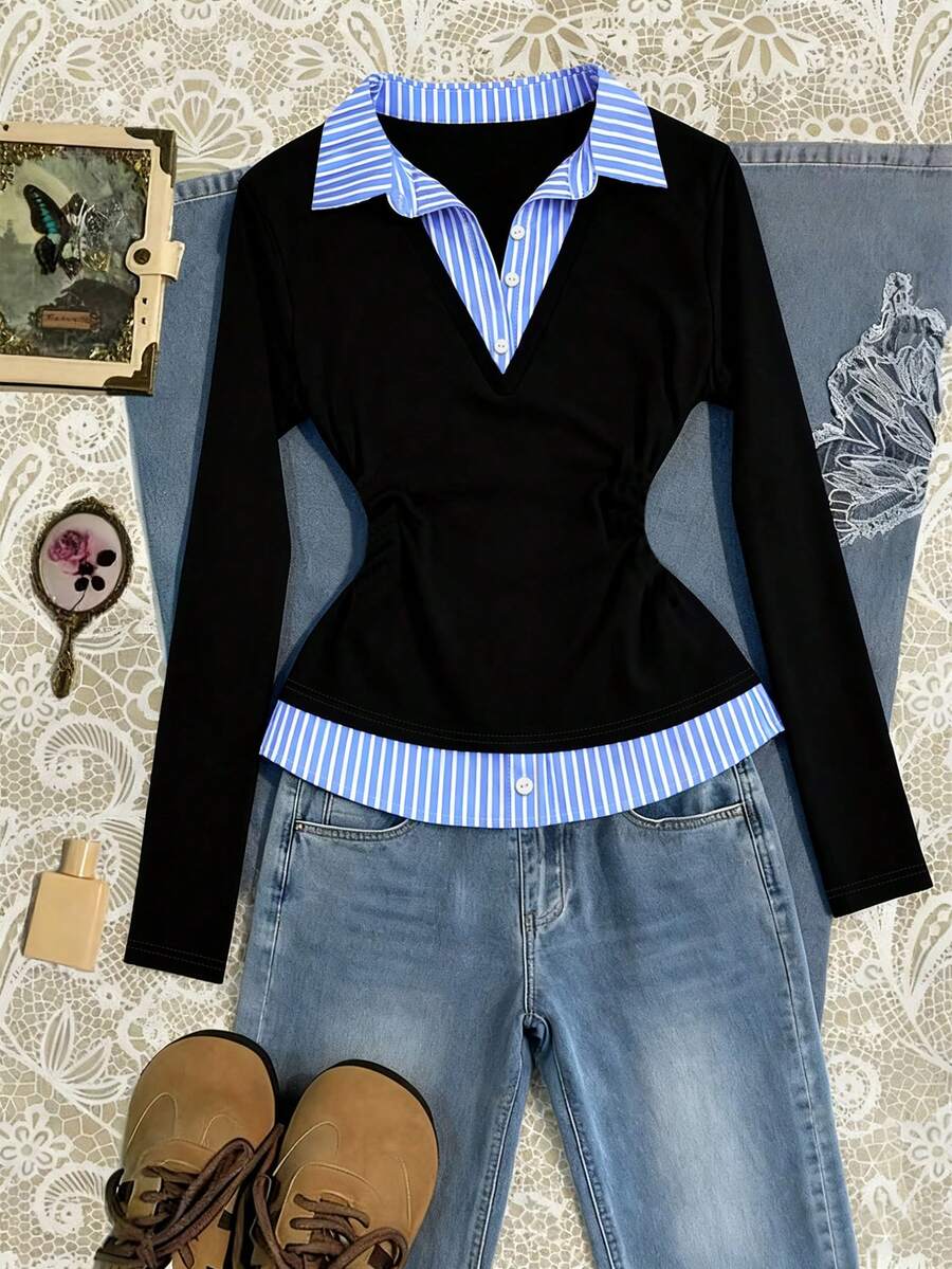 SHEIN Áo thun nữ cổ bẻ tay dài họa tiết sọc - Nhiều màu - Xem 1