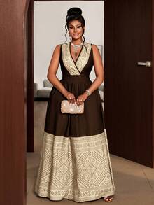 Maweii Plus Size Summer Elegant Colorblock Geometric Print Sleeveless Dress - Apricot - View 2