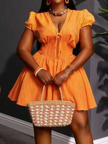 Slaydiva Summer Orange Vacation Holiday Plus Size Mini Dress,Deep V-Neck Short Sleeve Fitted A-Line Woven Texture Fabric Elegant Party Wedding Graduation Dress - Orange - View 4