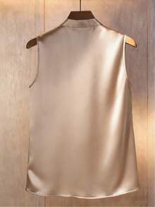 GlowEve 女士V领褶皱珍珠纽扣套头衫，缎面光泽面料，适合日常通勤和办公穿着，春夏款 - 杏色 - 查看 2