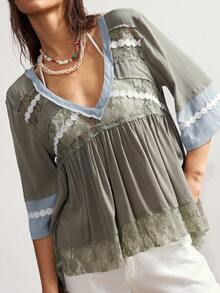 Bohemela Blusa holgada de punto con escote en V y manga corta, estilo patchwork, para mujer, ropa de mujer estilo bohemio, blusas de verano bohemias - verde menta - Ver 3