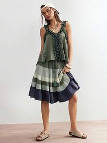 Bohemela 波西米亚风自由休闲编织拼接绿色宽松女裙 - 綠色 - 查看 5