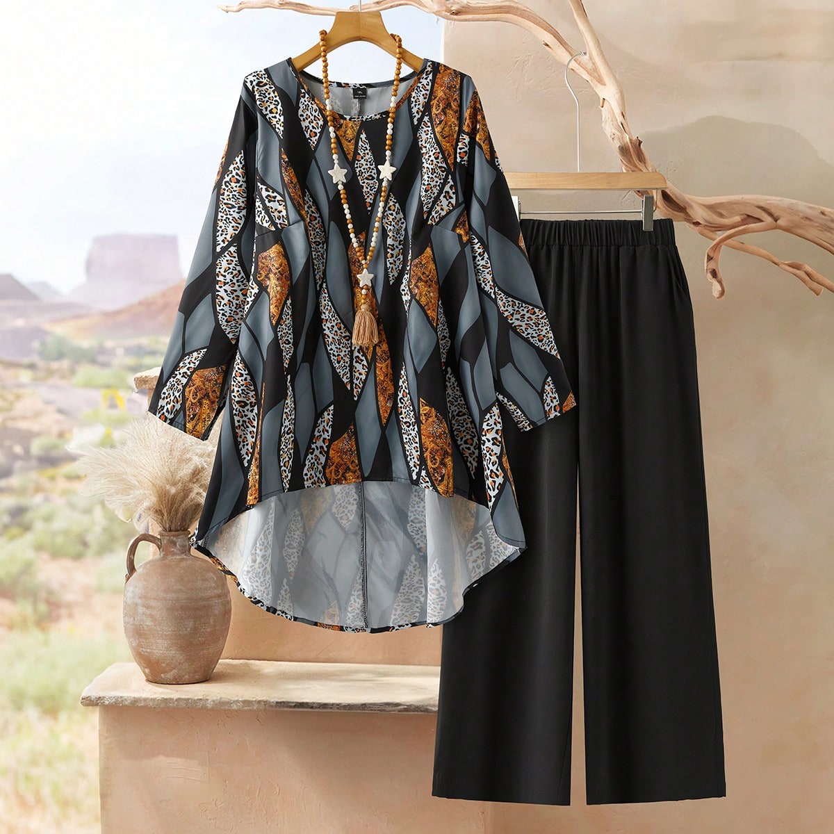 Plus Size Women 2 Pieces Set: Full Print Long Sleeve Top And Wide Leg Pants, Casual Daily Wear,Summer Dresses For Women,Spring Outfit Women ,Vacation Outfits Women Plus Size Women Two Pieces Sets Plus 