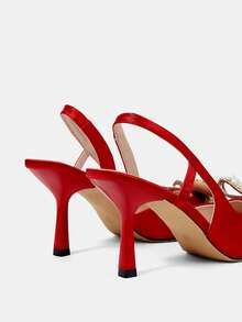 CUCCOO HITCHD Sepatu Hak Tinggi Wanita Ujung Lancip, Koleksi Terbaru Musim Semi/Panas, Dekorasi Pita Kristal & Mutiara, Satin Merah, Nyaman & Elegan, Cocok Untuk Pernikahan, Pesta, Acara Formal - Rose Red - View 5