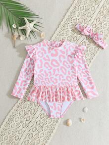 Baby Girls' One-Piece Swimsuit, Knitted Fabric, Cute Leopard Print, Ruffle Shoulder Design, Waist Belt Skirt, Headband Included, Suitable For Swimming, Water Play, Pool Fun - Multicolor - View 3