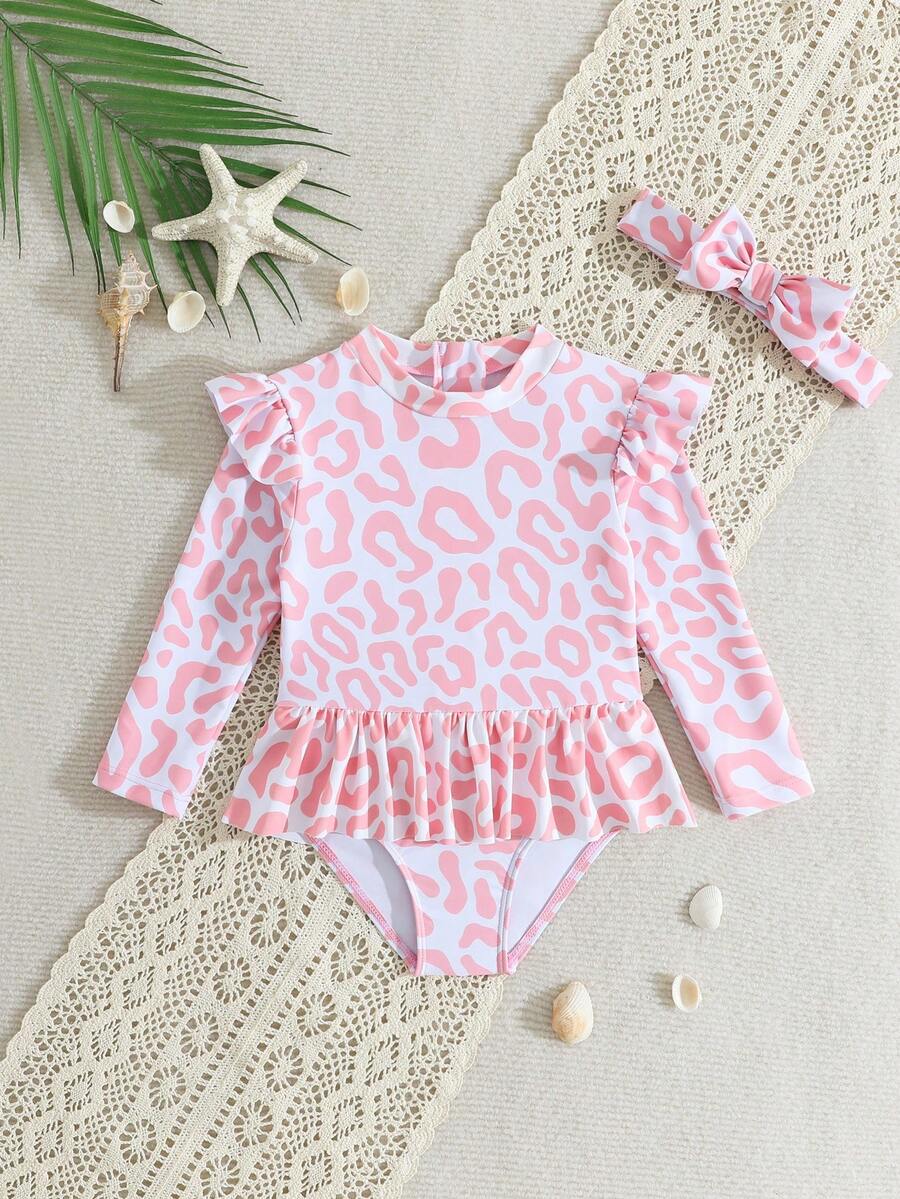 女婴连体泳衣，针织面料，可爱豹纹印花，荷叶边肩部设计，腰带裙摆，含发带，适合游泳、玩水、泳池嬉戏 - 彩色 - 查看 1