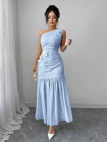Modelyn Đầm chiffon vàng họa tiết hoa 3D dành cho nữ - Màu xanh lam - Xem 6