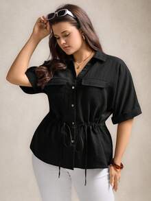 Zelara Plus Size Women Drawstring Waist Short Sleeve Utility Pocket Loose Shirt - Black - View 5