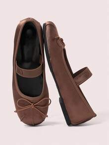 CUCCOO DOLLMOD Women's Mary Jane Style Flat Shoes, Brown Satin Fabric Bow Decoration - Coffee Brown - View 1
