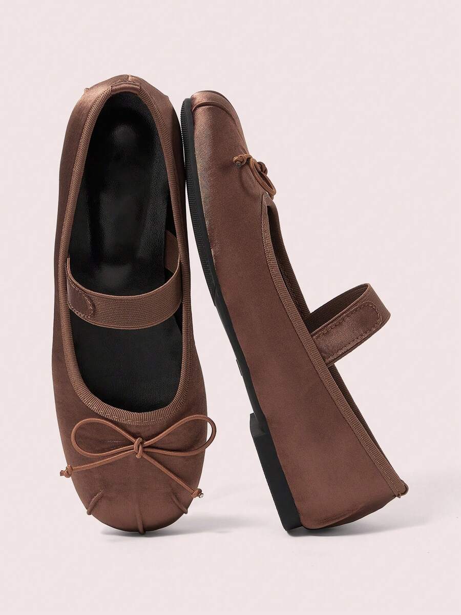 CUCCOO DOLLMOD Women's Mary Jane Style Flat Shoes, Brown Satin Fabric Bow Decoration - Coffee Brown - View 1