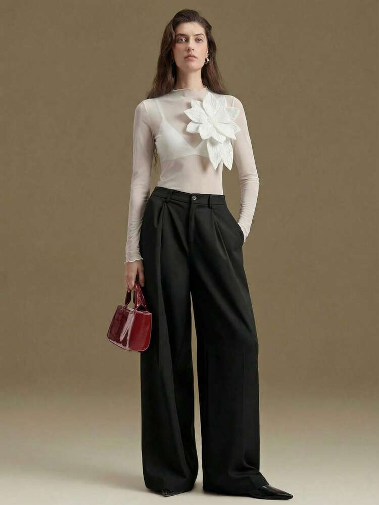 2026 Spring/Summer Women's Top, Elegant Style For Weddings, 4-Way Stretch Mesh Fabric, 3D Floral Design, Modern Urban Style, Stand Collar, Sleeveless, Women's Blouse, Women's T-Shirt, Music Festival, Black, Business Casual Office Wear, Low-Key Vintage Vibe, High-Quality, Airport Fashion, High-End Material, Valentine's Day, Women's Elegant Ceremony Dress, Holiday Outfit, Beach Outfit, Office Outfit