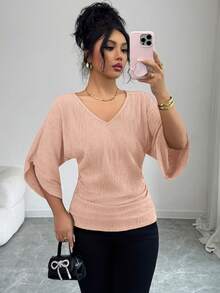 SHEIN Elenzya Áo kiểu nữ cổ chữ V dáng rộng, thiết kế nhún bèo, chất liệu vải có họa tiết, kiểu dáng tôn dáng, thích hợp cho sinh nhật, hẹn hò, tiệc tùng, Ngày Nhà giáo, Ngày Độc lập, tay ngắn. - Hồng - Xem 7
