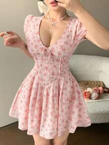 Joudiya 春夏粉色系带撞色碎花休闲甜美少女情人节婚礼派对鸡尾酒会连衣裙，优雅修身迷你连衣裙 - 粉色 - 查看 3