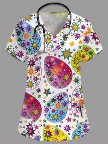 PopScrub 女士V领印花休闲工作服上衣 - 白色 - 查看 1