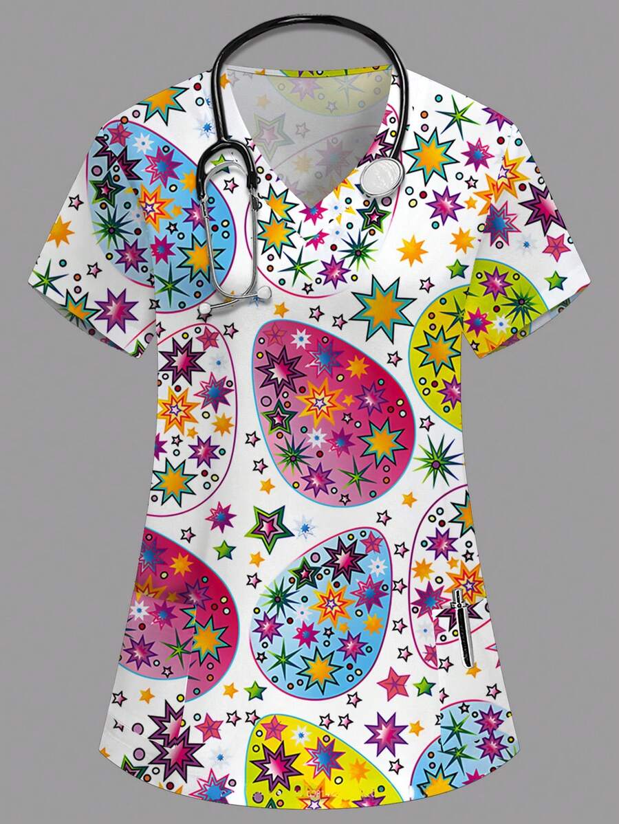 PopScrub 女士V领印花休闲工作服上衣 - 白色 - 查看 1