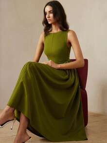 Aveloria Rosie French Retro Minimalist Generous Elegant Elegant Women's Daily Commute Off Shoulder Waist Cinching Pleated Flared Dress, Sleeveless - Army Green - View 4