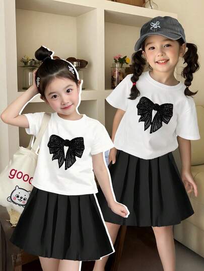 2pcs/Set Toddler Girls' White Round Neck Short Sleeve T-Shirt & Black Pleated Skirt With Butterfly Rhinestone Print Outfit, Versatile For Casual, Outdoor Play, School