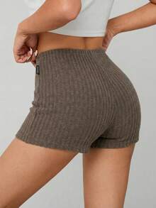SHEIN PETITE Celana Pendek Biker Rajut Marled Musim Panas, Wanita Bertubuh Mungil - Mocha Brown - View 2