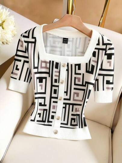 Franclia Women's Geometric Maze Print Square Neck Knit Button-Down T-Shirt, Slimming And Stylish, Perfect For Summer. A Popular Summer Item. Also Includes Elegant Women's T-Shirts, Casual T-Shirts, Graphic T-Shirts, Square Neck T-Shirts, Everyday T-Shirts, Short-Sleeved T-Shirts, Simple Knit T-Shirts, Summer T-Shirts, Outdoor T-Shirts, White T-Shirts, White Tops, Women's Outdoor Tops, Women's Vacation Outfits, Women's Casual Tops, Women's Graphic T-Shirts, And Women's White T-Shirts.