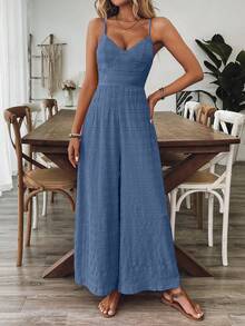 Breezaya Women's V-Neck Backless Bowknot Strap Jumpsuit, Rose Red, Spring/Summer - Blue - View 6