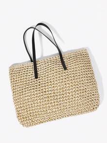 Viva Strut 女士草编手提包，草编手提袋，个性化，简约，百搭，街头风，甜美酷女孩，性感女孩，适合海滩、度假、假日、夏季、海边、沙滩派对 - 卡其色 - 查看 5