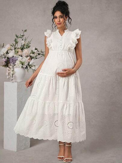 SHEIN 孕妇度假休闲纯色镂空刺绣连衣裙