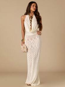 SHEIN BAE 优雅性感休闲度假露背吊带女式毛衣连衣裙 - 米色 - 查看 6