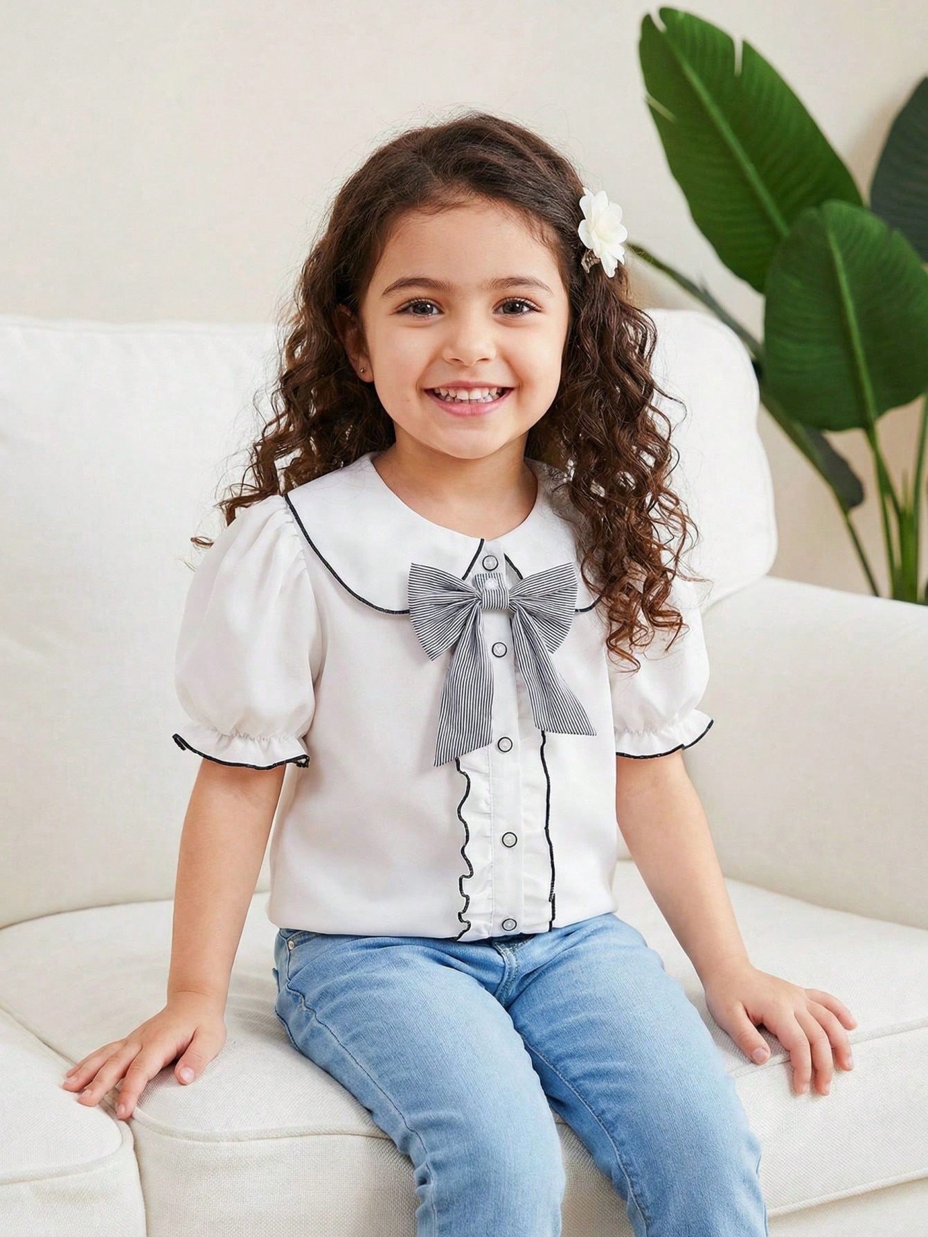 بلوزة للفتيات المراهقات، أكمام منتفخة مع تريم مكرم...