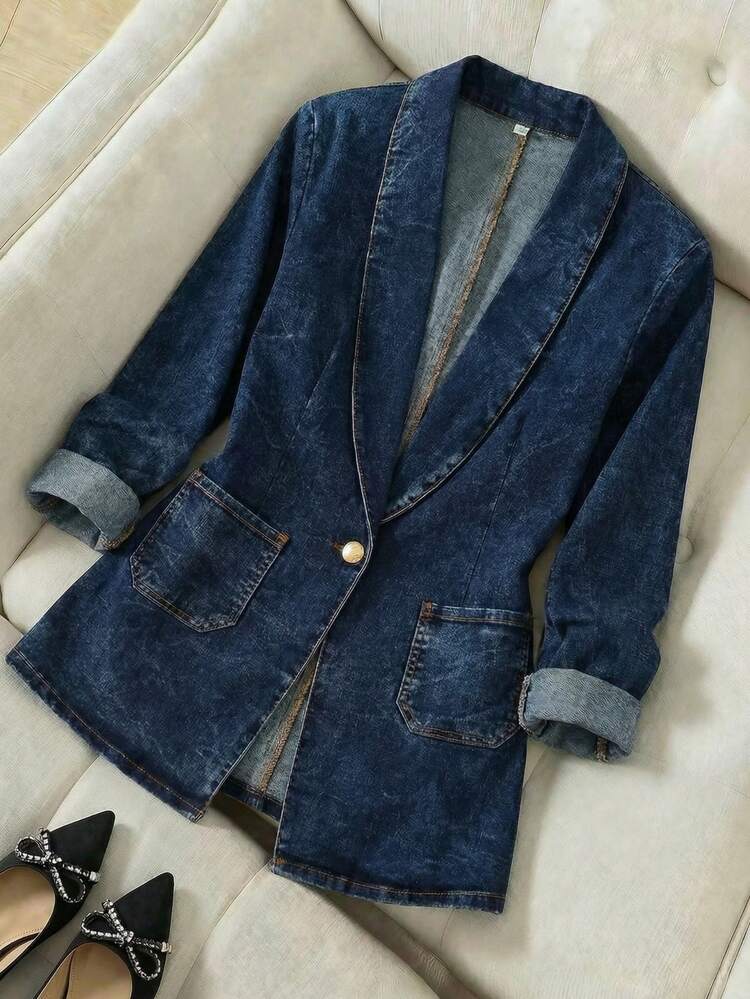 Saco Blazer Chamarra Chaqueta Campera de Mezclilla Denim para Mujer Dama casual  tejido vaquero solapa tipo smoking bolsas bolsillos parche frontales botón dorado metálico costuras en contraste deslavado tipo acid wash diario día noche primavera verano oficina cool urbano moderno juvenil y2k aesthetic cómodo fresco strech ajustado ceñido asiluetado atemporal largo saquito oversize - azul real - Añade 1