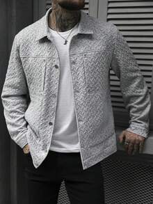 Manfinity Homme 男士夹克，男士休闲纯色夹克，灰色男士纽扣夹克，适合春秋季穿着，男士休闲工装口袋纯白色纹理衬衫夹克，休闲简约风格，都市成熟风格，英伦绅士风格，意式优雅风格，男士衬衫夹克，白色男士衬衫夹克，灰色夹克 - 灰色 - 查看 7
