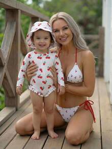 1 pieza Traje de baño de una pieza de manga larga para bebé/niña con cierre, moño lindo y estampado floral, incluye sombrero - Blanco - Ver 4