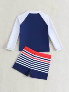 SHEIN 2pcs Baby Boy Swimwear Set,Cute Cartoon Crab Print Navy Blue Raglan Long Sleeve Rashguard And Striped Swim Trunks,Toddler Summer Holiday Pool Party - Multicolor - View 2