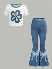 女童时尚针织白色圆领蝴蝶结印花短袖针织T恤和仿牛仔印花喇叭裤套装 - 白色 - 查看 6
