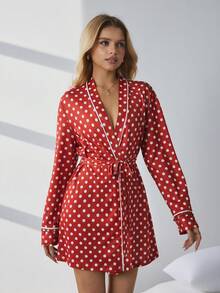 HautHeat Women's Polka Dot Print Robe With Tie Waist, Long Sleeve Loungewear - Burgundy - View 4