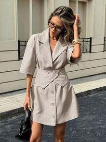 Siren Gaze 女士优雅休闲米色短袖翻领腰带纽扣细节不对称下摆西装裙，夏季度假休闲装，派对办公商务连衣裙，女士夏季亚麻西装裙套装，亚麻两件套，女士短款套装，女士夏季时尚套装，女士夏季西装裙套装，女士时尚套装，女士优雅套装 - 灰色 - 查看 7