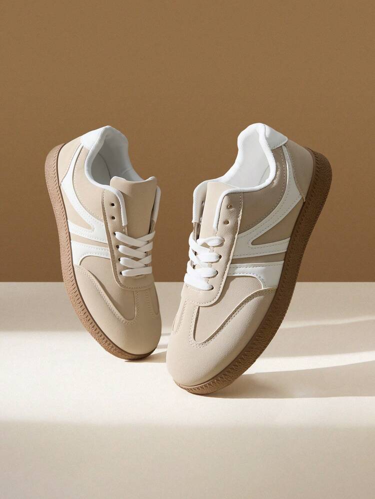 CUCCOO EASI Women Shoes Lace-Up Splicing Design Round Toe Flat Bottom Casual Sneakers Casual Simple PU Leather Beige Casual Sneakers Daily Outdoor Sports Casual