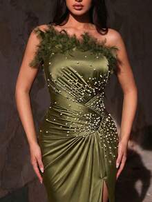 Glamrae Elegante y lujoso vestido de punto elástico con volantes, abertura lateral y cola de pez, con cuentas de burbujas y adornos de strass en el hombro asimétrico, adecuado para bodas, fiestas, vacaciones y banquetes - Rosa vieja - Ver 4