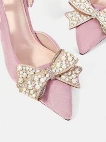 CUCCOO HITCHD Women's Pointed Toe High Heel Shoes, Spring/Summer New Arrivals, Faux Suede Fabric, Rhinestone & Pearl Bow Decor, Light Pink Color, Comfortable & Elegant, Suitable For Weddings, Parties, Formal Occasions - Barely Pink - View 4