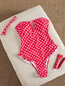 SHEIN Swim Mod Áo tắm liền thân cổ chữ V họa tiết chấm bi, dây đeo rời, trang trí bèo nhún, dành cho nữ, thích hợp cho kỳ nghỉ hè. - Đỏ và trắng - Xem 5