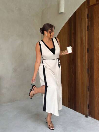 Firerie Plus Size – Ärmlös klänning med kontrastfärgade detaljer och kort topp i 2 delar