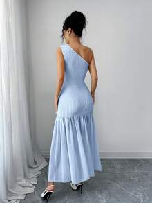 Modelyn Đầm chiffon vàng họa tiết hoa 3D dành cho nữ - Màu xanh lam - Xem 3