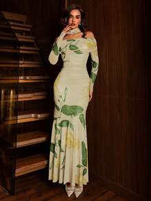 Modelyn Đầm nữ lưới in hoa, trễ vai, xếp ly, thắt nơ, thanh lịch, dài ngang gối. - Vàng nhạt - Xem 6