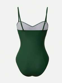 Swim Oasis Dark Green Summer Elegant Beach Holiday Women's Waist Gathered One-Piece Swimwear&Printed Cover-Up Dress Set, Casual Music Festival Party Outfits - Army Green - View 9