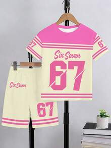 一套少女休闲运动风撞色条纹印花短袖T恤和短裤套装，可爱装扮，多巴胺粉色运动服，舒适夏季服装 - 彩色 - 查看 3