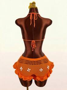 Amplova 2026 New Women's Low Waist Knitted Hollow Out Lace Trim Mini Shorts - Orange - View 3