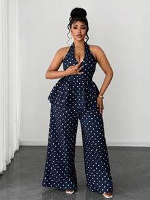 Maweii Plus Size Polka Dot Elegant Commuting Fashion Versatile 2 Pieces Set - Navy Blue - View 4