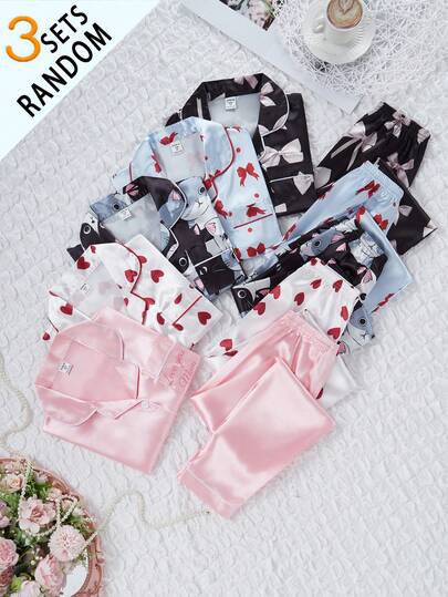 3套随机款式少女卡通猫咪图案府绸睡衣套装，包含3件短袖上衣+3条裤子，适合秋季、冬季、开学季穿着，3套随机款式可爱蝴蝶结睡衣套装