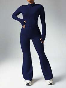 Slayform Women's Plus Size Casual Zip-Up Jacket With Thumb Hole & High Waist Flare Pants 2 Pieces Set Long Sleeve Set Yoga Set Flare Set Sport Set Long Sleeve Jumpsuit Yoga Jumpsuit Flare Jumpsuit Sport Jumpsuit Jumpsuit For Women - Navy Blue - View 6