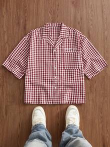 Manfinity Unisex Men's Casual Plaid Letter Embroidered Shirt, Summer - Red - View 2