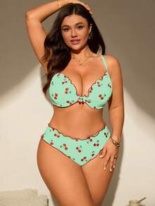 SHEIN Swim Mod Plus Size Women 2pcs/Set Random Print Padded Tankini Swimsuit Set - Olive Green - View 3